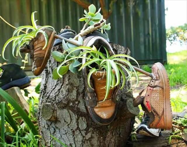 recycling old shoes for plant containers