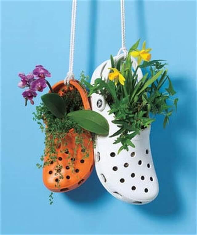 hanging planters made of shoes