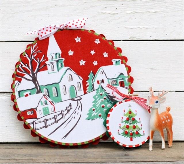 DIY Easy Upcycled Vintage Fabric Holiday Hoop Art