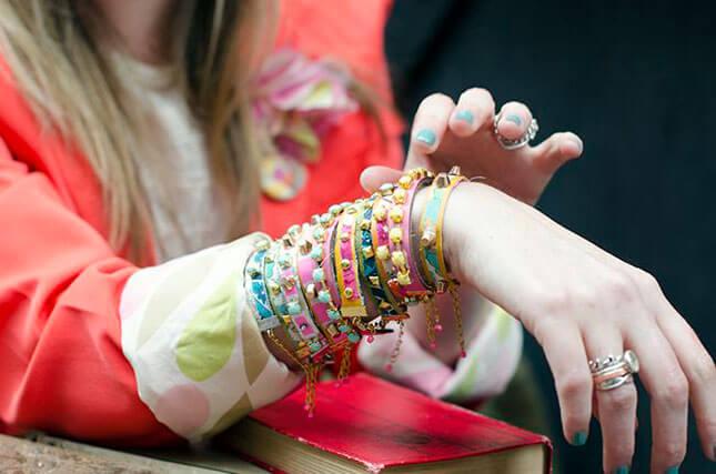 Leather and Fabric Studded Bracelets: