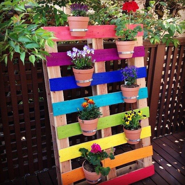 DIY Upcycled Rainbow Pallet Flower Garden Planter:
