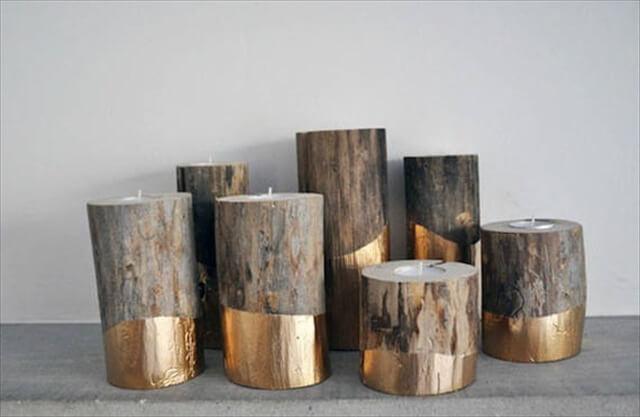  Gold Dipped Log Candle Holders