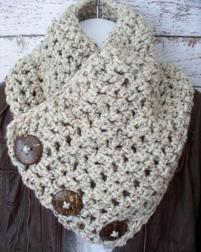 Crochet Cowl Scarf Natural Coconut Buttons