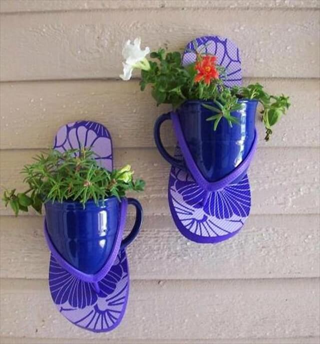 Recycling ceramic cups and flip flops for home decorating with hanging flowers