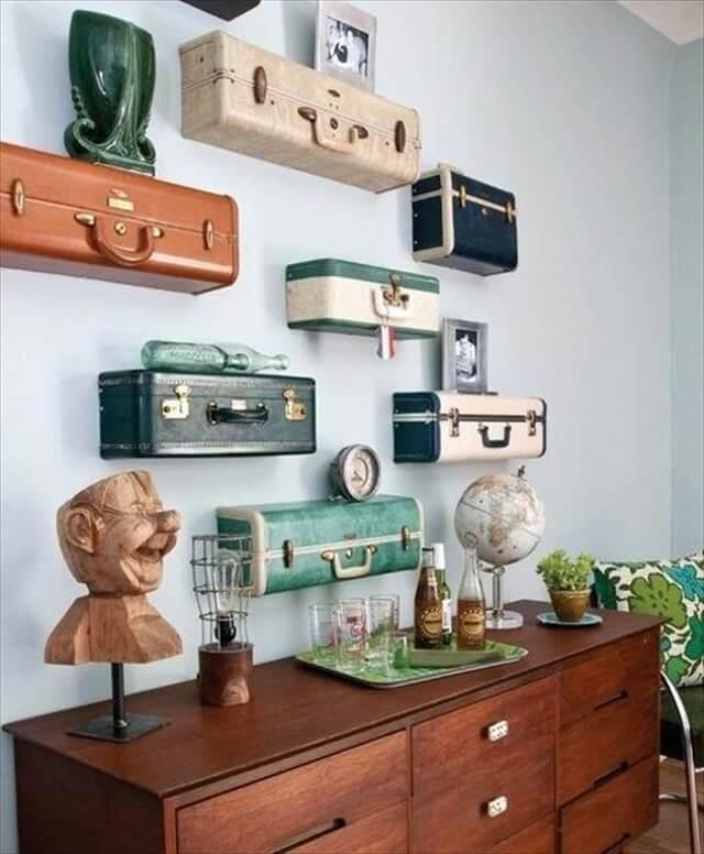 wall shelves that reuse and recycled suitcases in vintage style