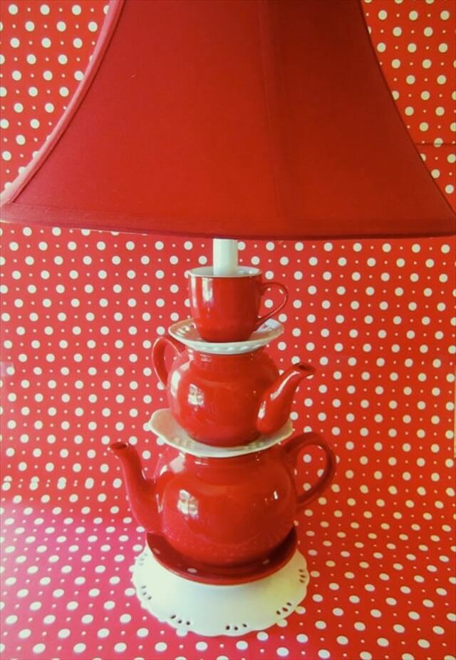 Red Teapot Lamp - Stacked Teapots with Tea Cup and Saucers