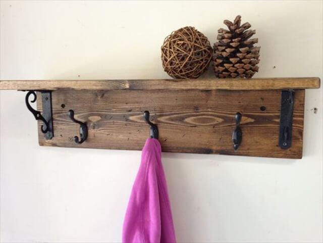 Rustic wood wall coat hook rack with shelf and 3 hooks