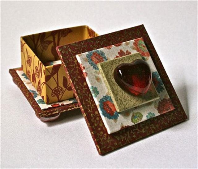 Handmade Square Box In Red & Gold With Glass Heart For Jewelry