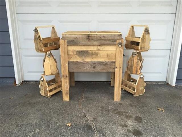 upcycled pallet outdoor party cooler and beverage holders