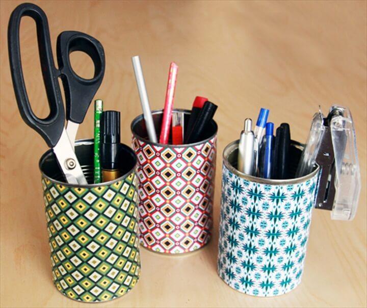Caddy Recycled Tin Can,DIY Craft Room Ideas and Craft Room Organization Projects - Colorful Tin Can Organizer