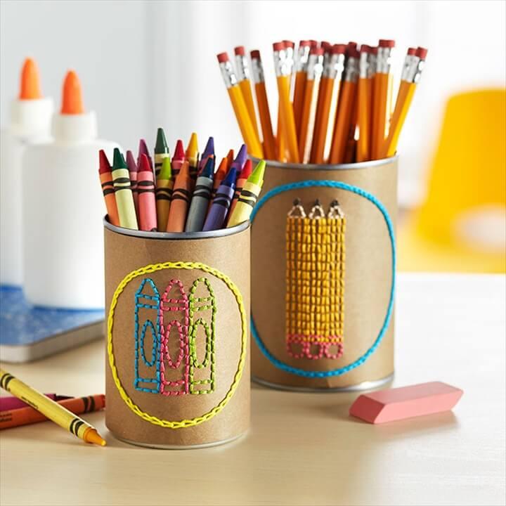Organize kids craft supplies in easy-to-maintain labeled cans