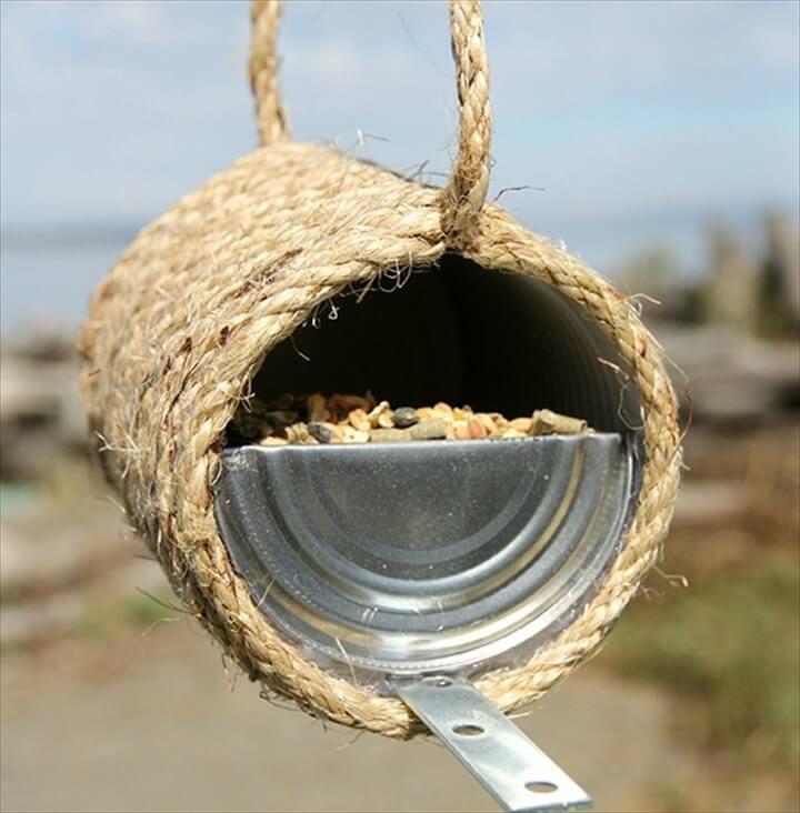 A nice tin can & sisal bird feeder idea