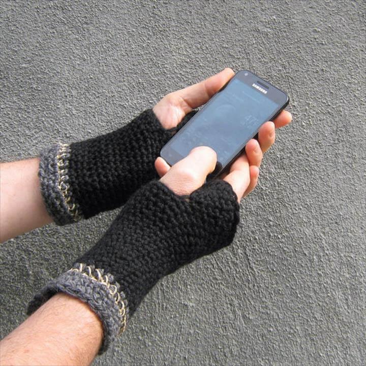 crochet fingerless gloves/ black wool n' hemp men's