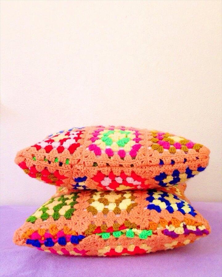 Brightly colored DIY crochet pillow