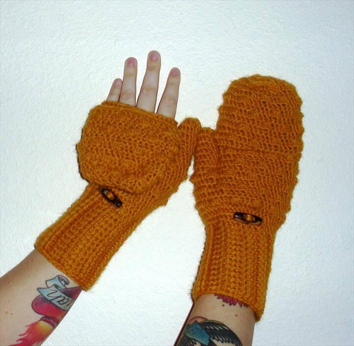 Convertible Crochet Fingerless Glove Mittens In Mustard Yellow Wool Blend Yarn