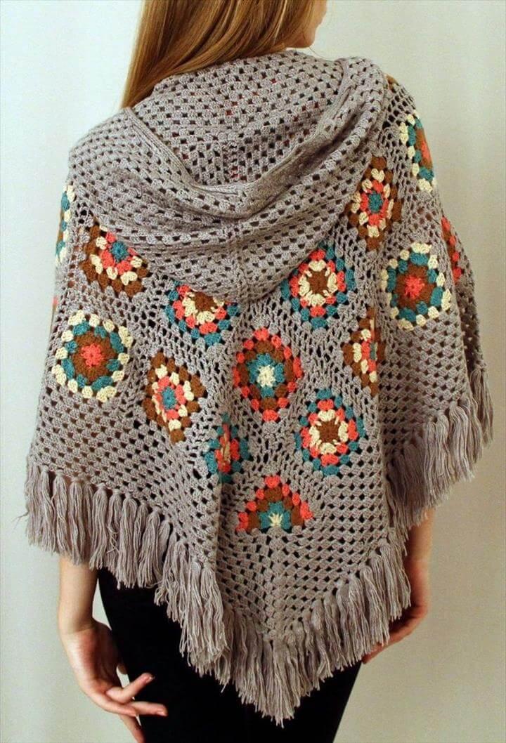 Crochet Granny Square Poncho with Hood