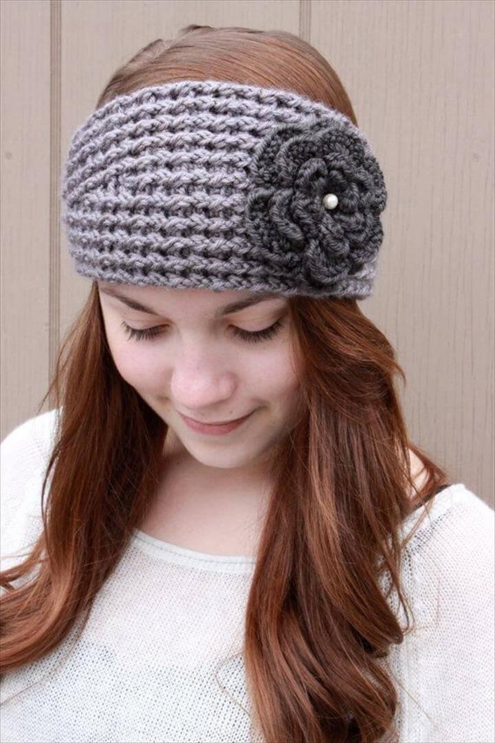 Gray womens Crochet Headband/ Crochet Flower Headband