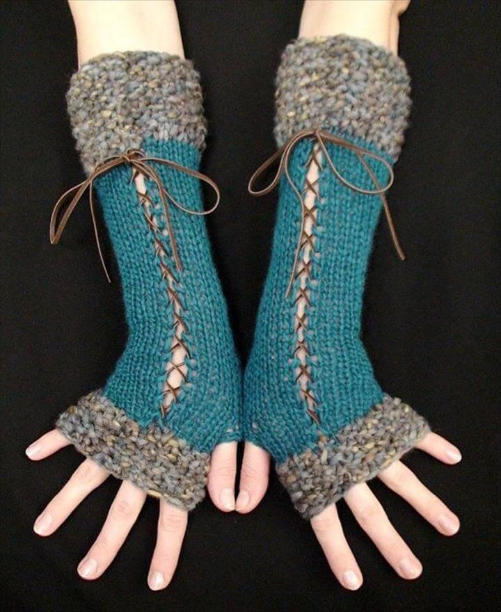 Stylish long leather lace ends crochet fingerless gloves