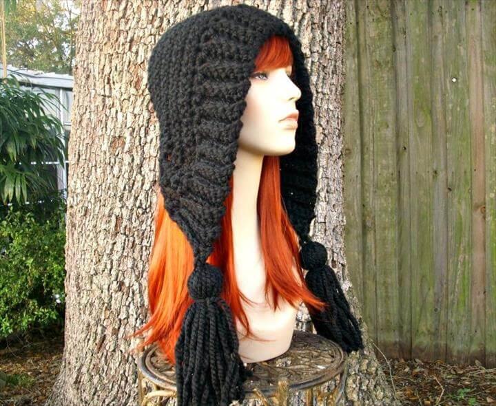 Black Crochet Hat Black Womens Hat Crochet Hood Hat Black Tassel Hat Black Ear Flap Hat