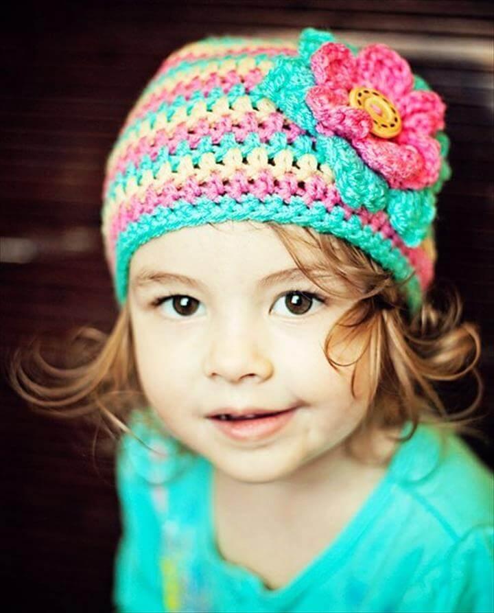 Kids Hat, Little Girls Crochet Hat with Flower