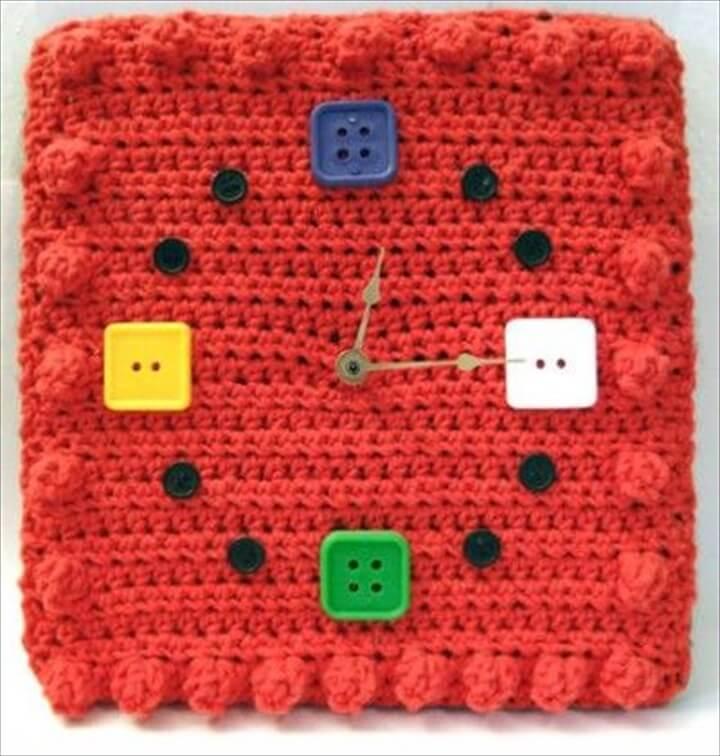 Square crocheted wall clock with multi button designing idea