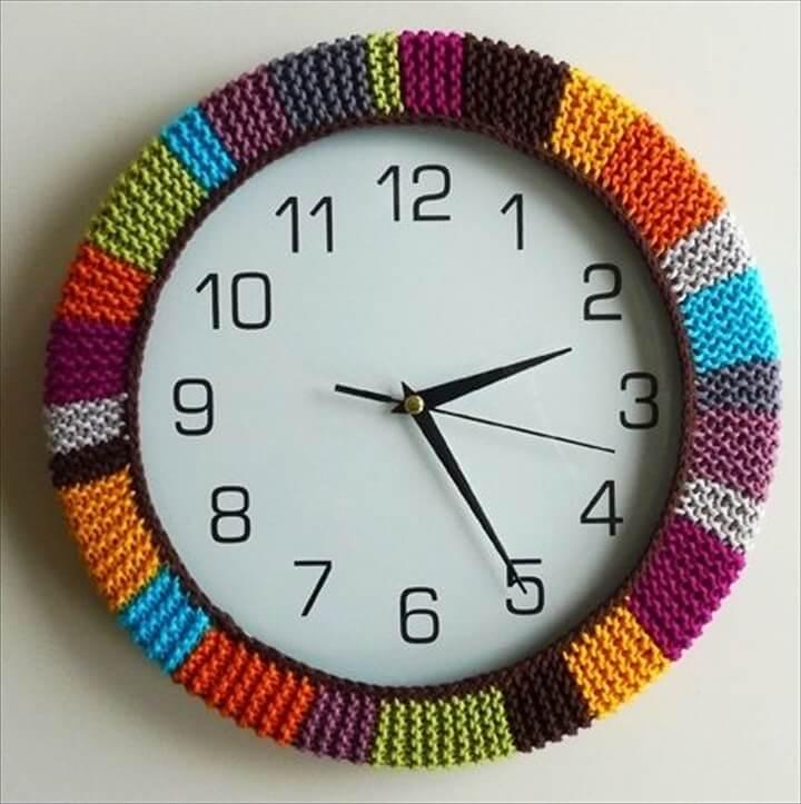 Multi colored crochet framing wall clock deign