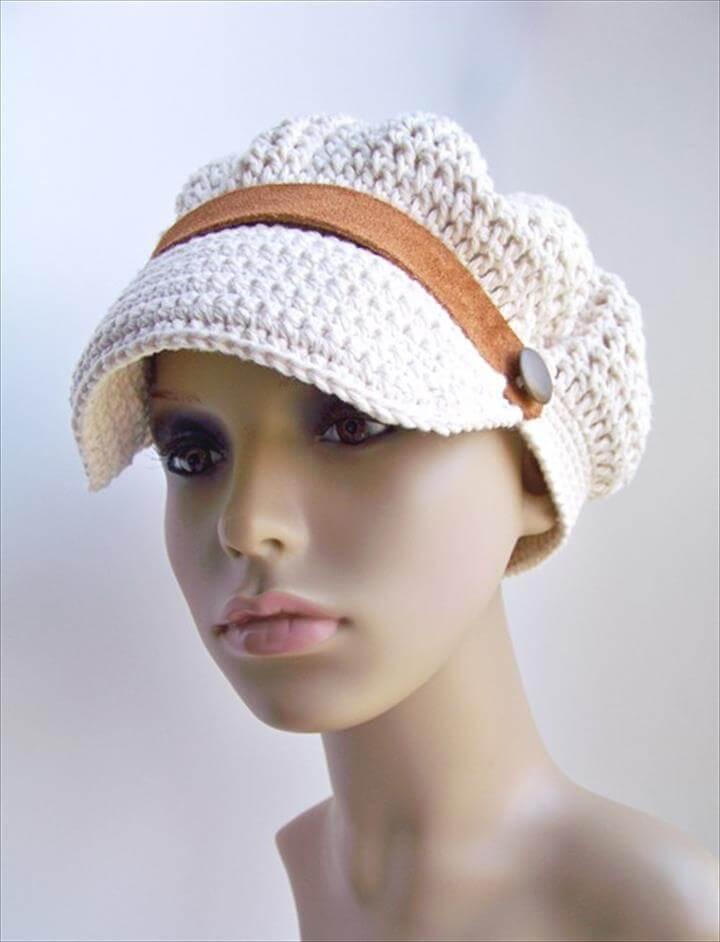 Crochet Newsboy Hat, Summer Sailor Sun Hat, Cotton Cap, White Ecru .