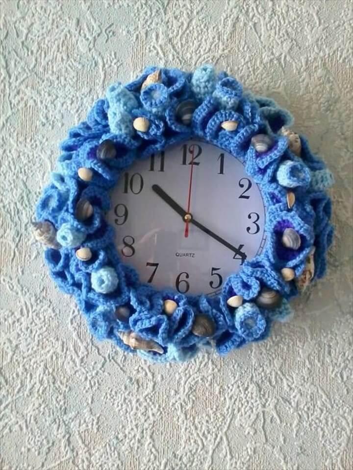 Wall Clock (crochet coral reef with small seashells