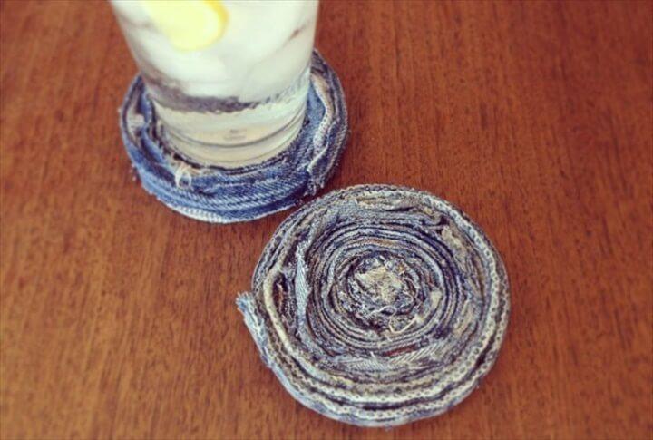 Upcycled coaster made from denim is a diy home decor idea