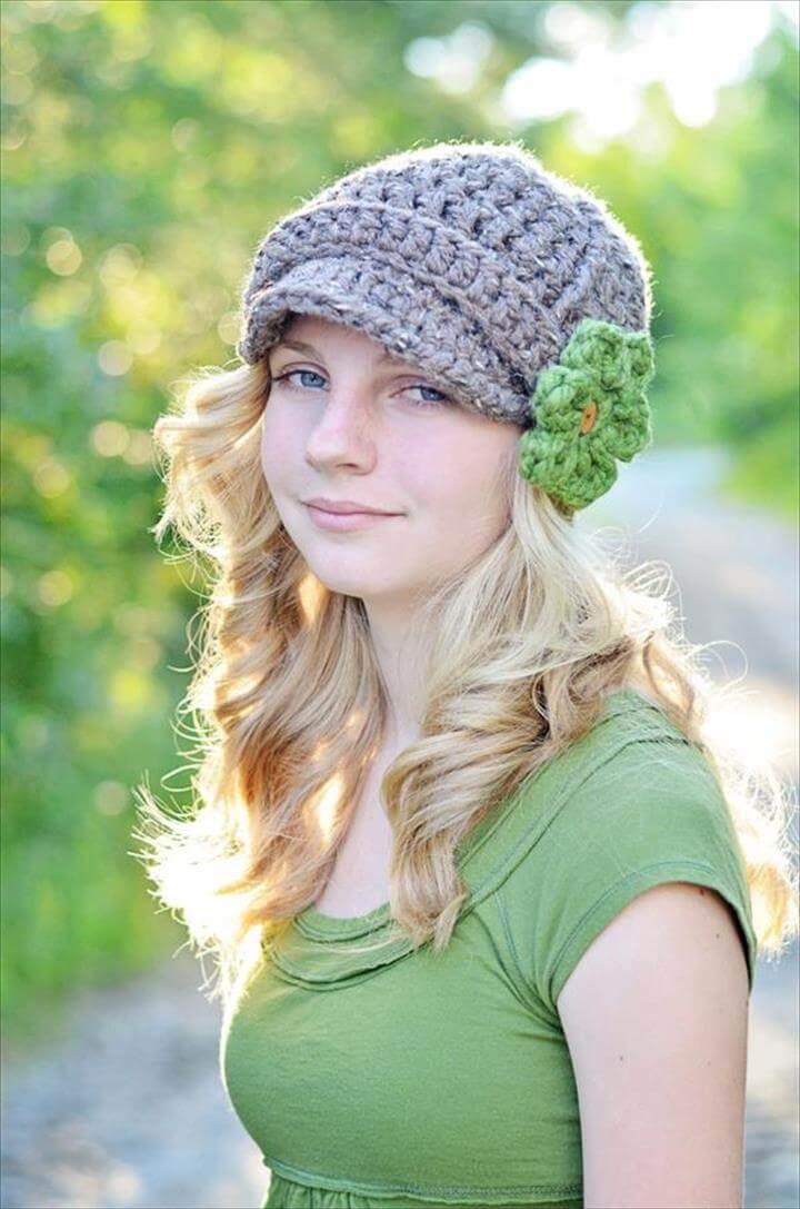 Newsboy cap-crochet cap-brimmed hat-wood button cap-handmade