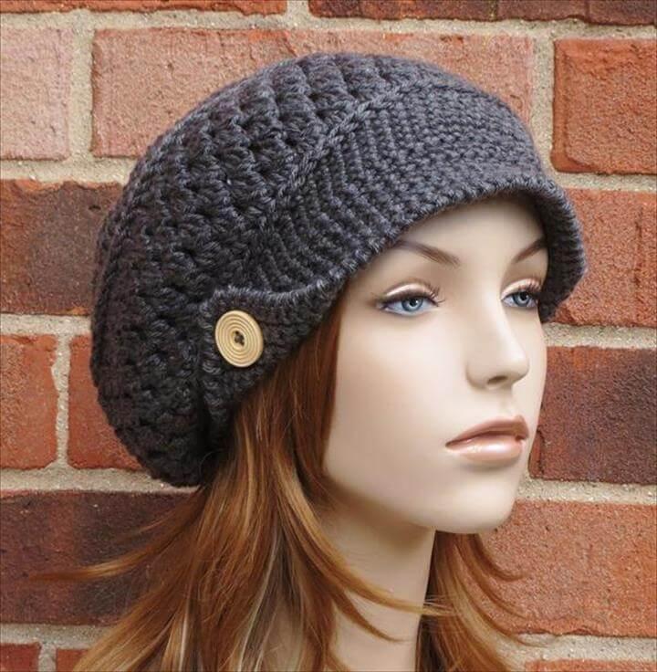 Black Crochet Hat With Wooden Button