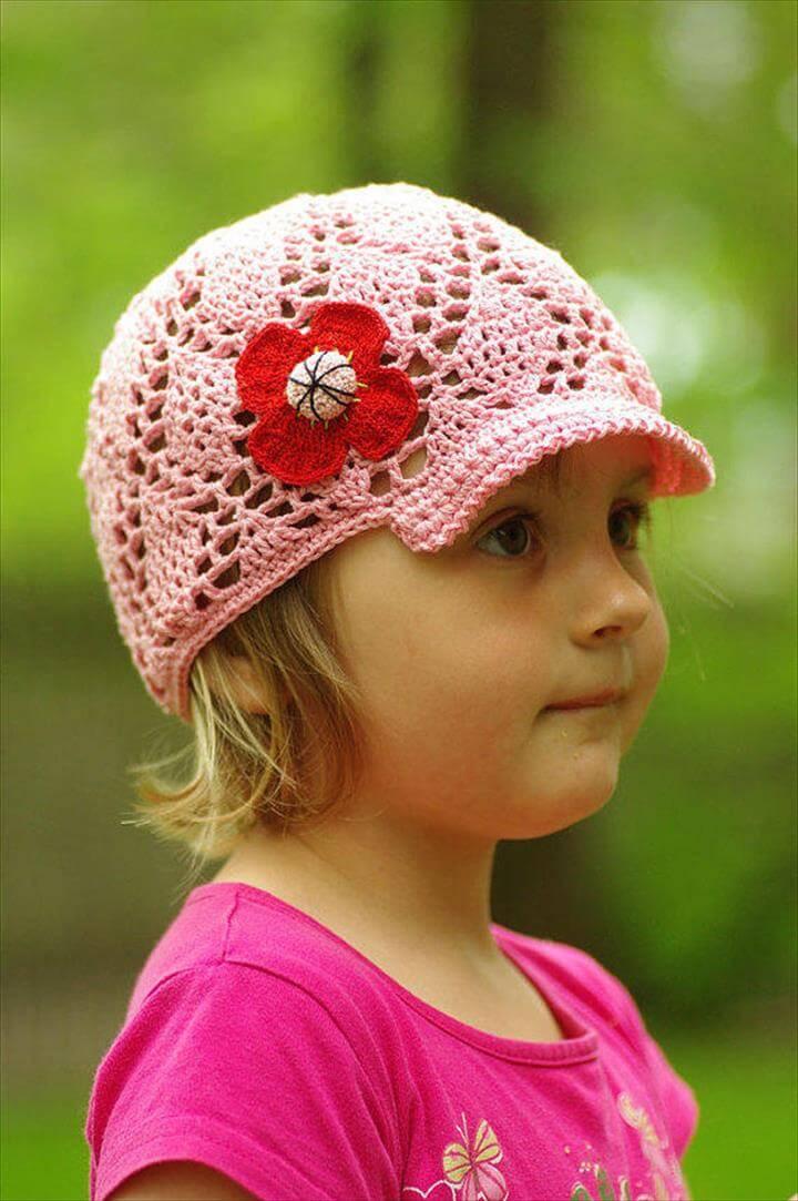 Kids pink crochet summer visor hat, handmade sunhat, girls baseball hat, girls sunhat