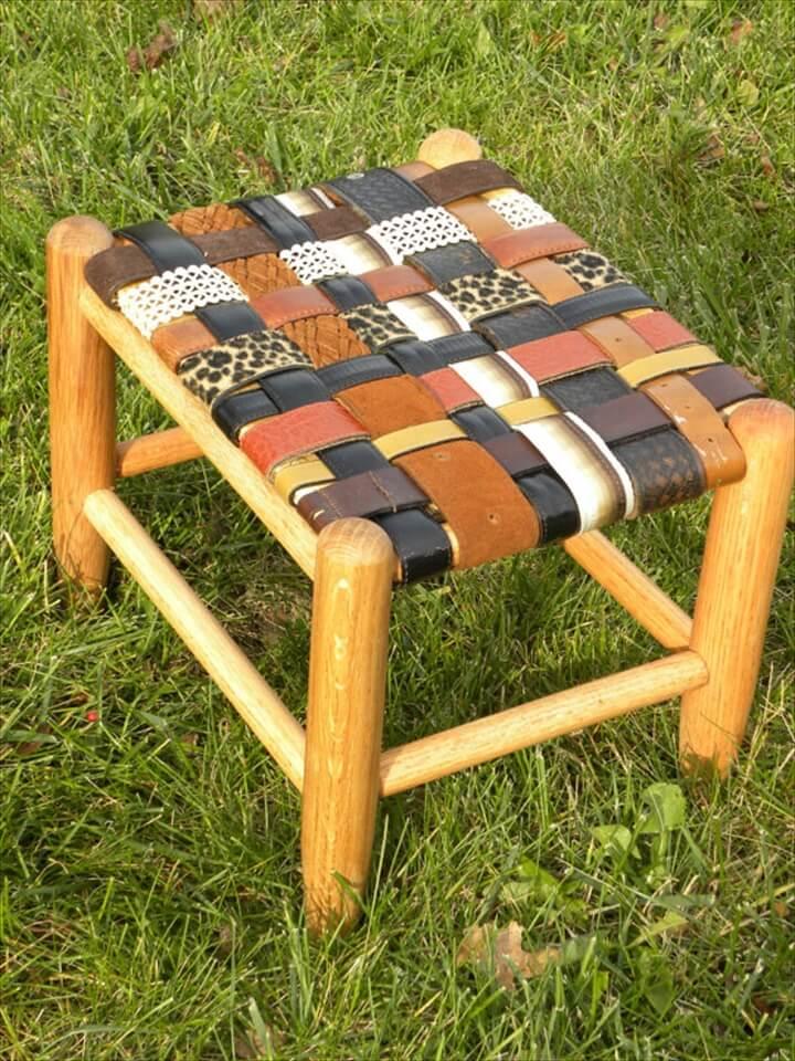 Wooden Stool Rebuilt With Old Leather Belts