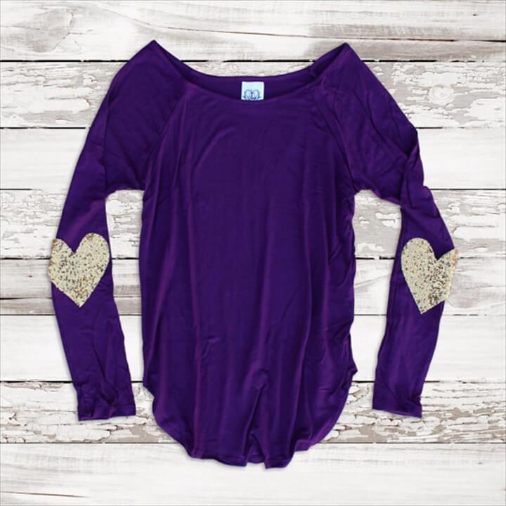 Valentines Day Shirt Sequin Heart Elbow Patch Top Slouchy Pullover T Shirt Gift Idea for Her
