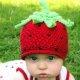 Crochet pattern strawberry beanie hat with peek-a-boo brim Crochet