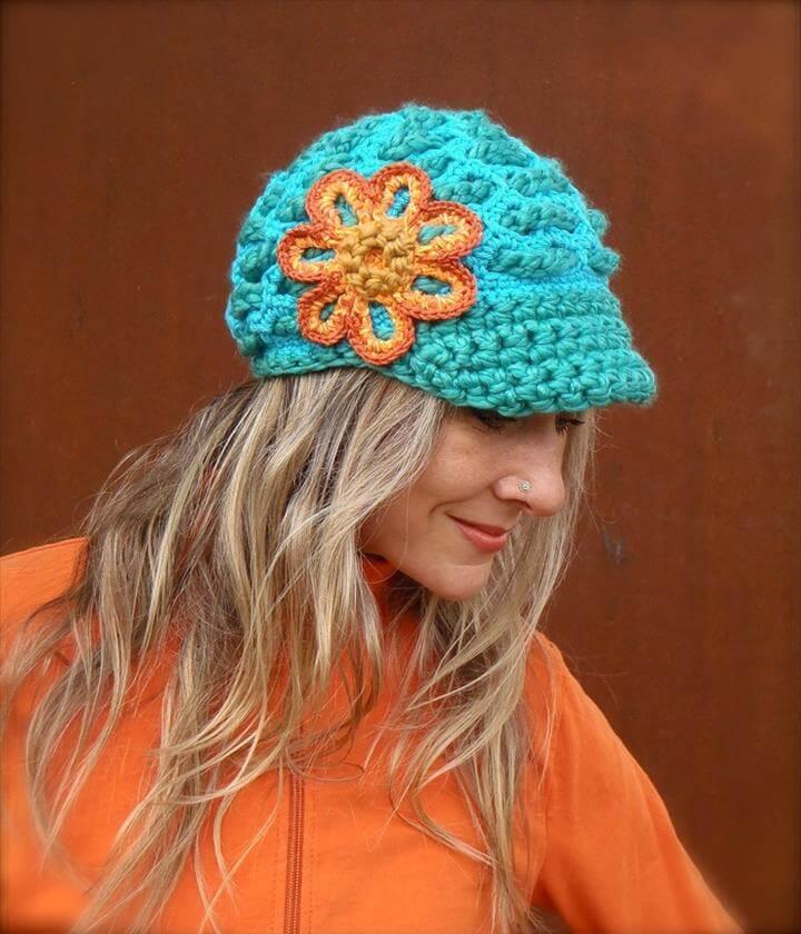 Turquoise SLOUCHY beanie crochet Slouch Visor hat Orange FLOWER cap