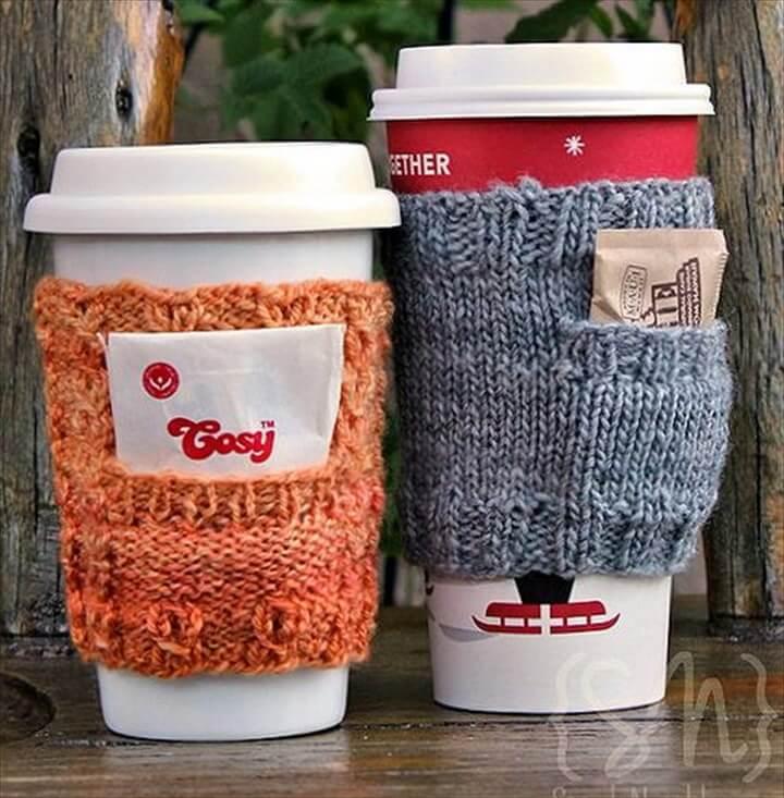 DIY crochet coffee cozy which keep coffee in cups warm while protecting fingers from the heat