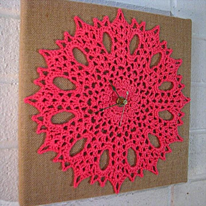 Candy pink flowery crocheted wall clock on burlap board idea: