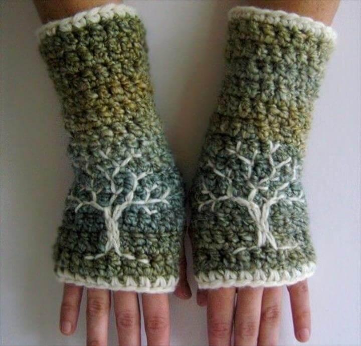 Arm Warmers with Tree Design Green Blue Cream