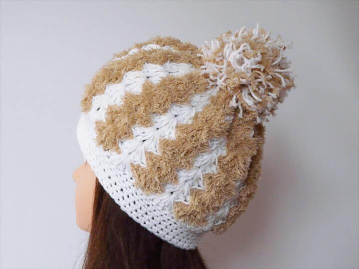 Chunky crochet hat hazel and white soft hat Pom pom hat