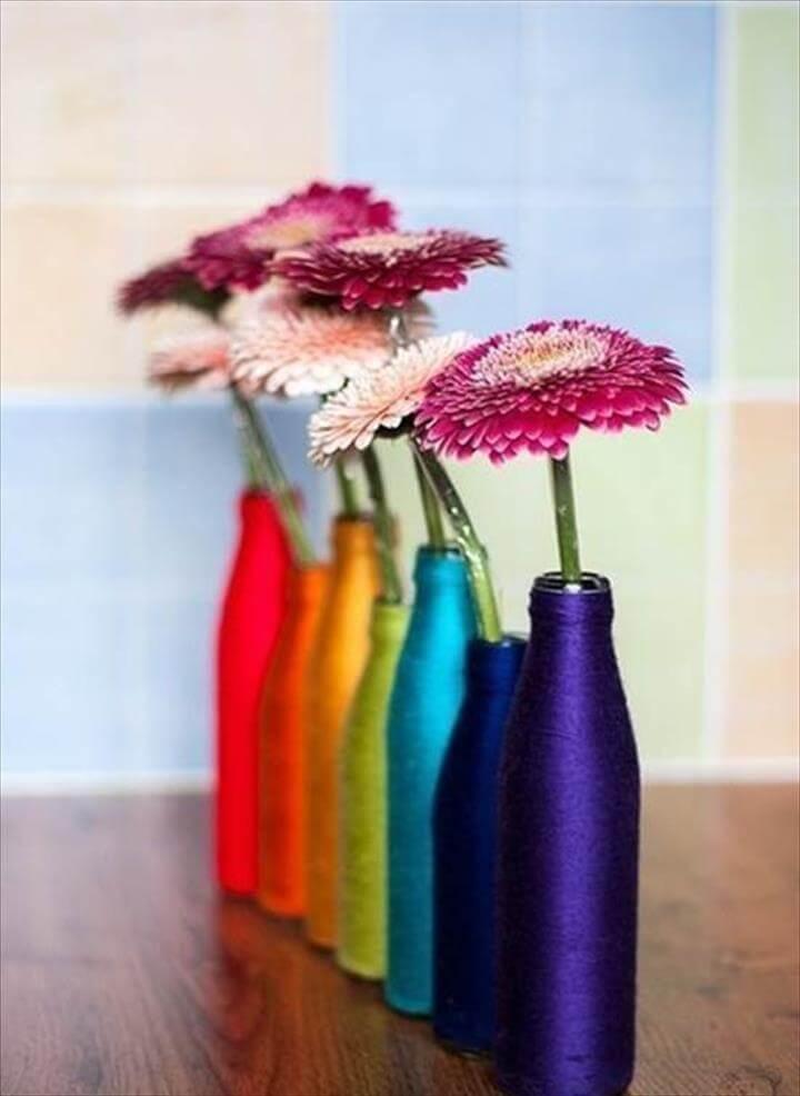 yarn flower vases, bottle yarn vases