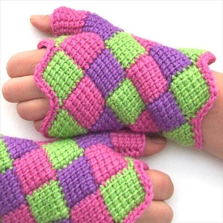 Entrelac Crochet Fingerless Gloves
