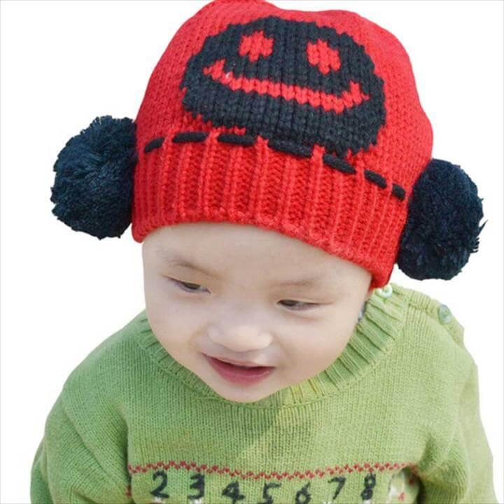 Unisex Baby Boys Girls Smile face Knit Crochet Beanie Pom Pom Hat Cap Ear Flap Earmuff