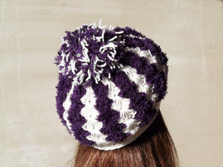 Pom pom crochet hat eggplant white soft hat