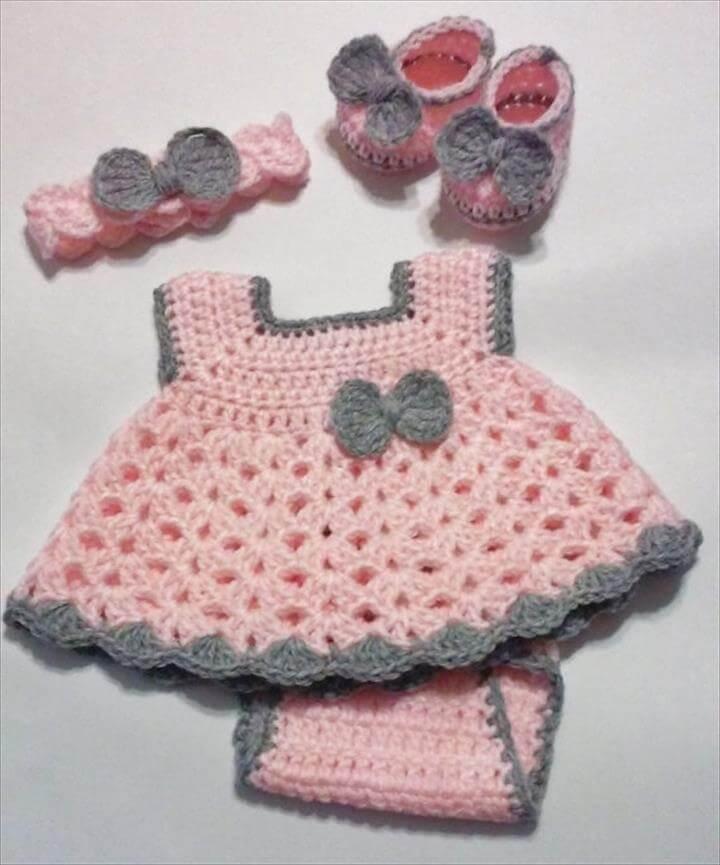 Crochet Pink and Gray Baby Girl Dress Set with Diaper Cover, Headband and Ballerina Booties