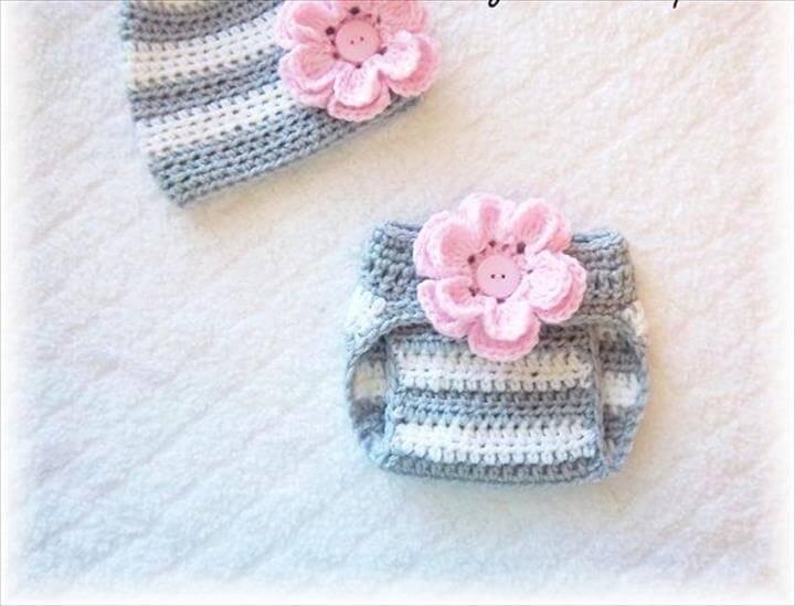 Newborn Baby Girl Crochet Flower Hat & Diaper Cover Set Pink Gray and White Stripes