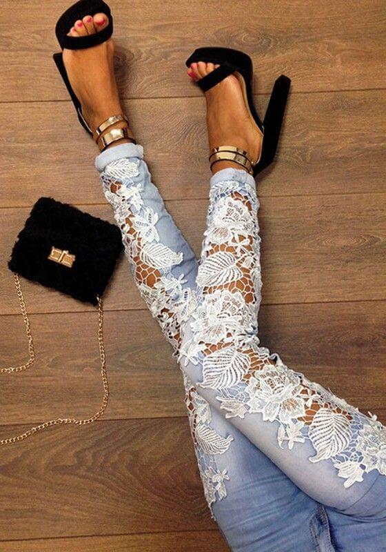 Blue Patchwork Lace Crochet Hollow-out Skinny Fashion Sexy Long Pencil Jean Pants