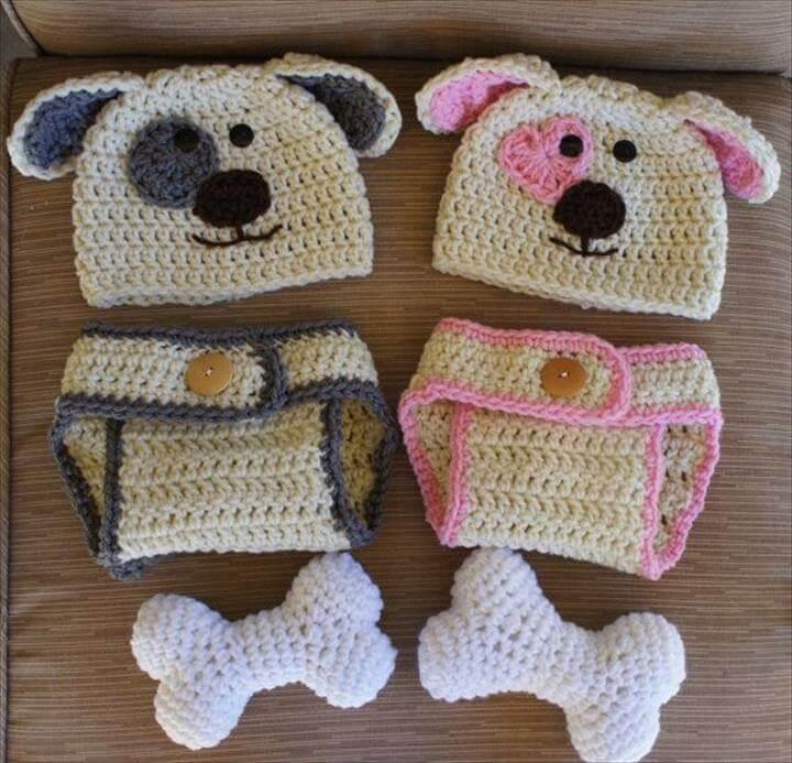 boy and girl twin puppy hats and diaper covers