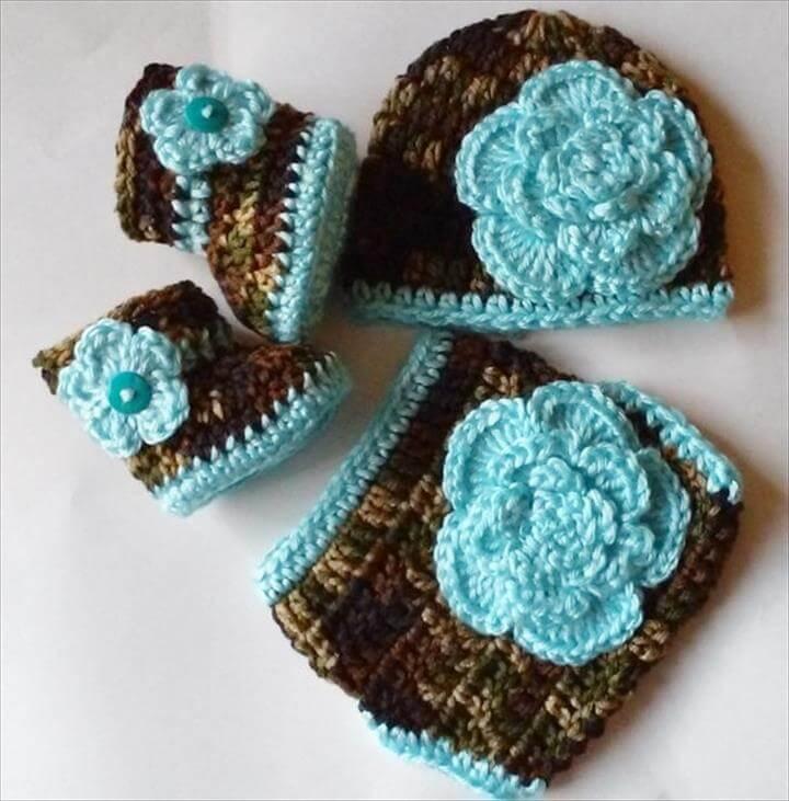 Crochet Camouflage Diaper Cover Set Turquoise Flowers Beanie Hat Flower Booties Camo Diaper Cover, Newborn