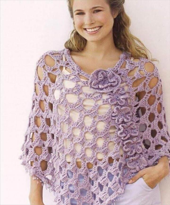 Crochet Summer Lacey Poncho with Flowers Free Char.